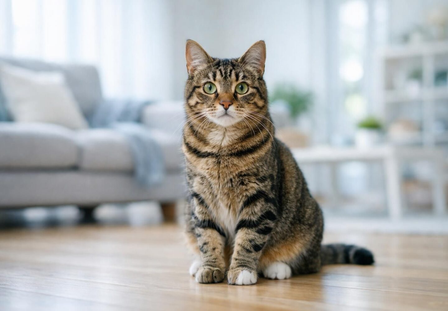 Chat tigré adulte assis dans un salon lumineux