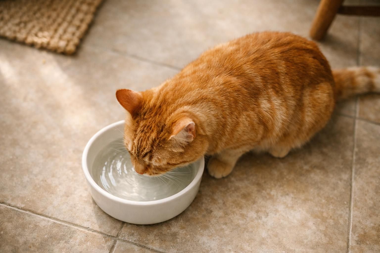 Chat roux buvant de l'eau, prévention des troubles urinaires