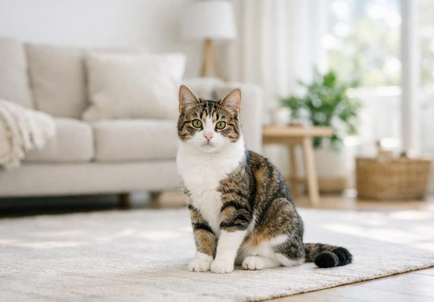 Jeune chat adulte d'environ un an assis dans un salon lumineux