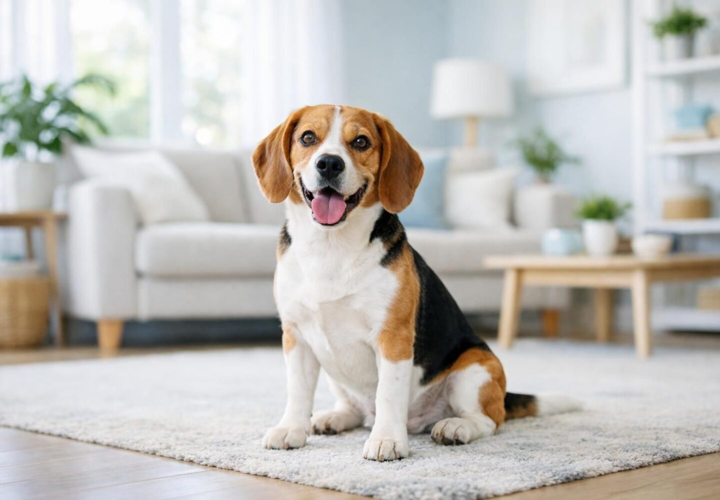 Chien beagle en bonne santé dans un salon lumineux
