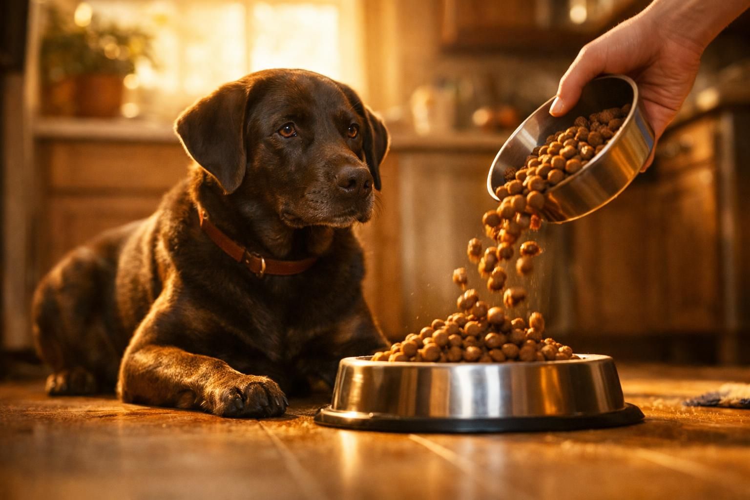 Chien labrador attendant sa gamelle de croquettes de qualité