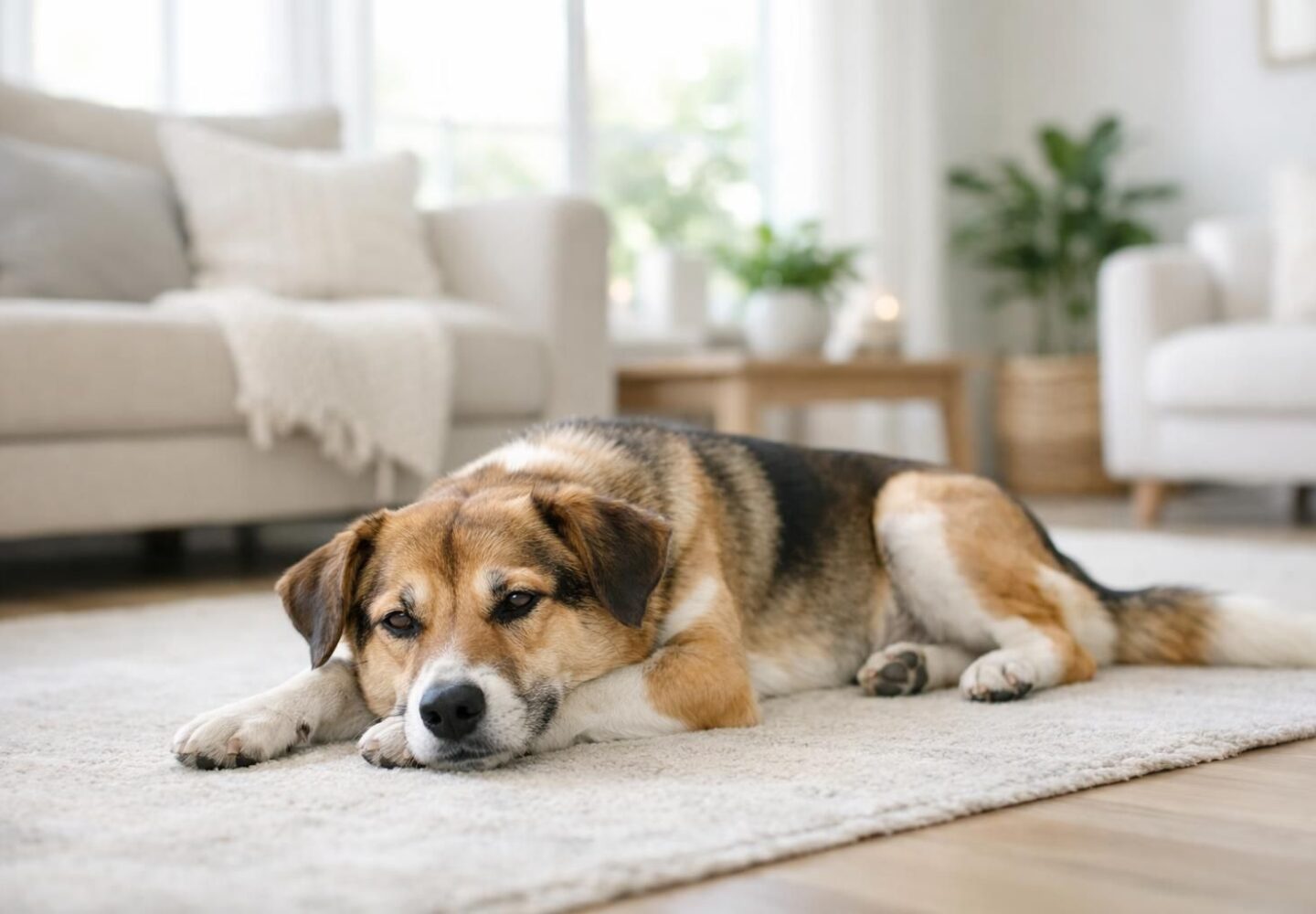 Chien en bonne santé et détendu dans un salon lumineux