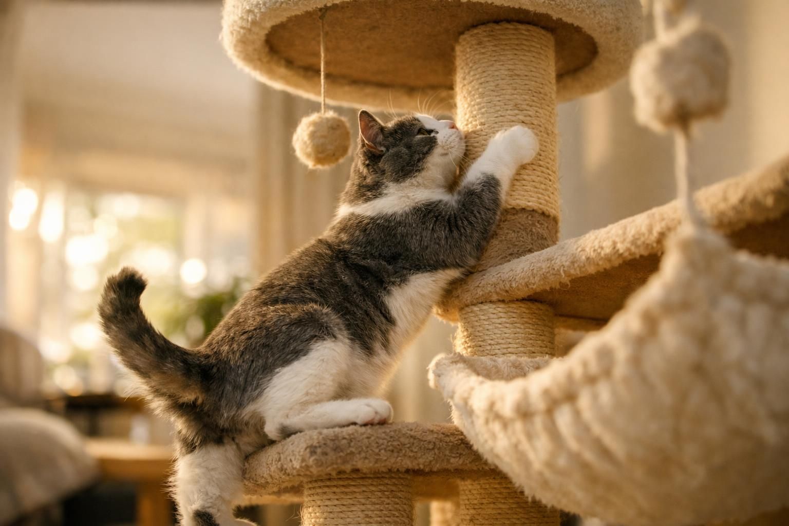 Chat actif qui grimpe sur un arbre à chat pour bouger