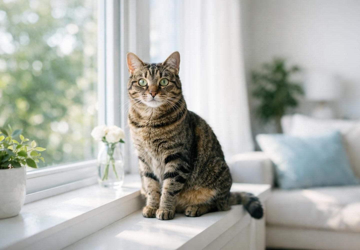 Chat en forme et mince assis à une fenêtre lumineuse