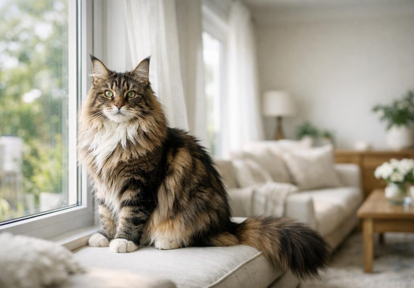 Maine Coon majestueux au poil long assis près d'une fenêtre lumineuse