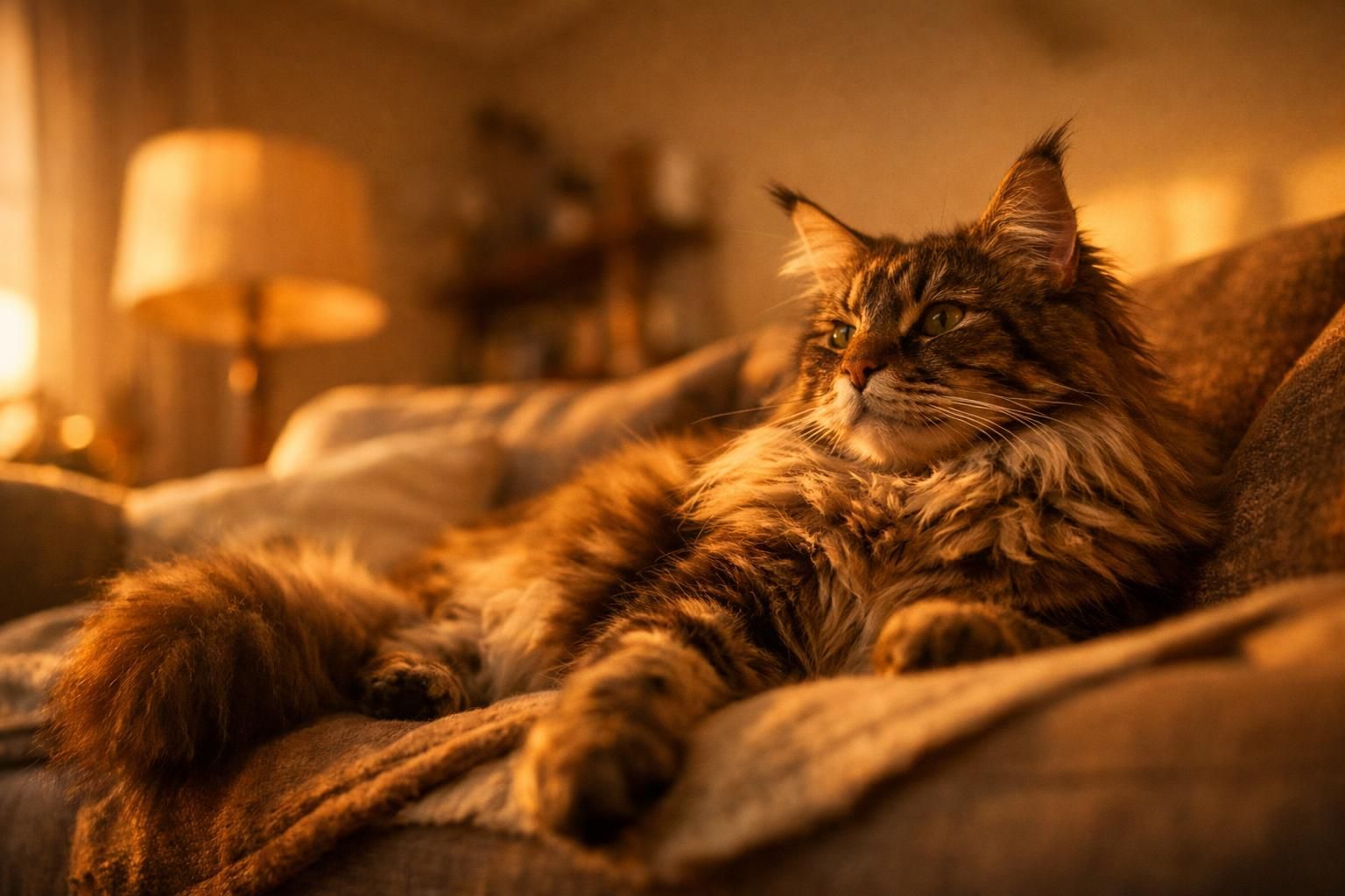 Maine Coon au pelage long allongé sereinement sur un canapé