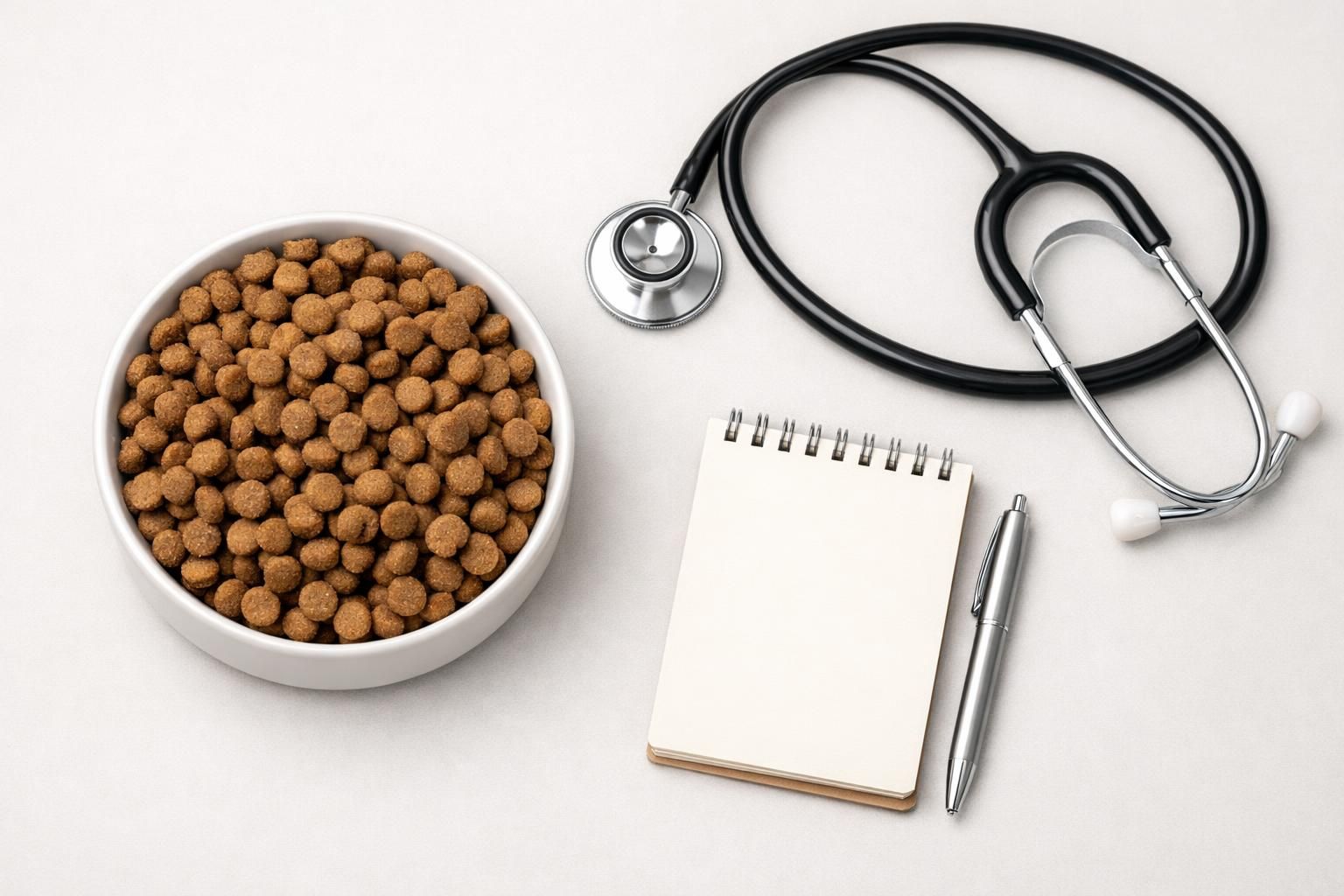 Croquettes vétérinaires pour chien présentées avec un carnet de suivi et un stéthoscope
