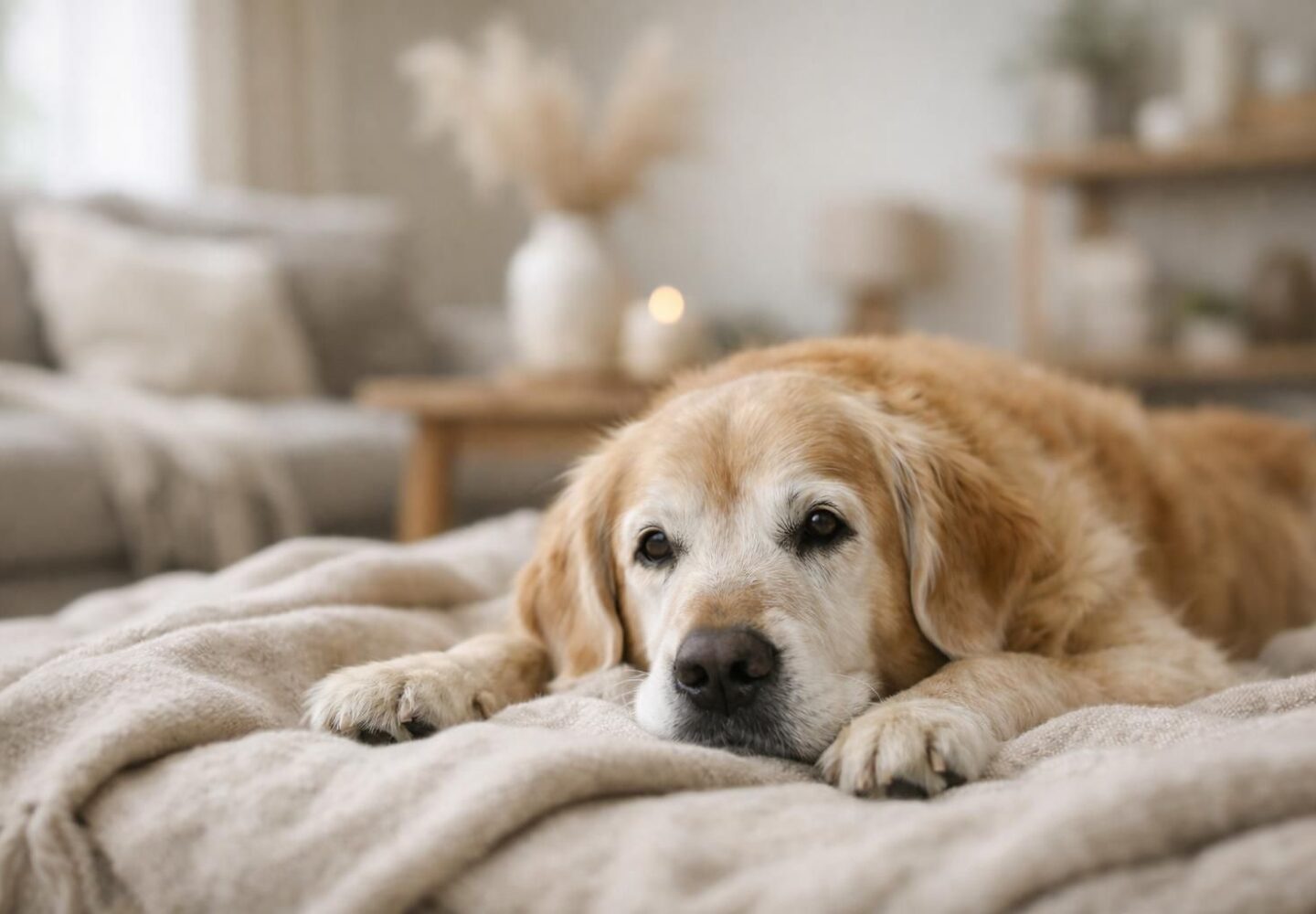 Chien senior détendu dans un salon lumineux