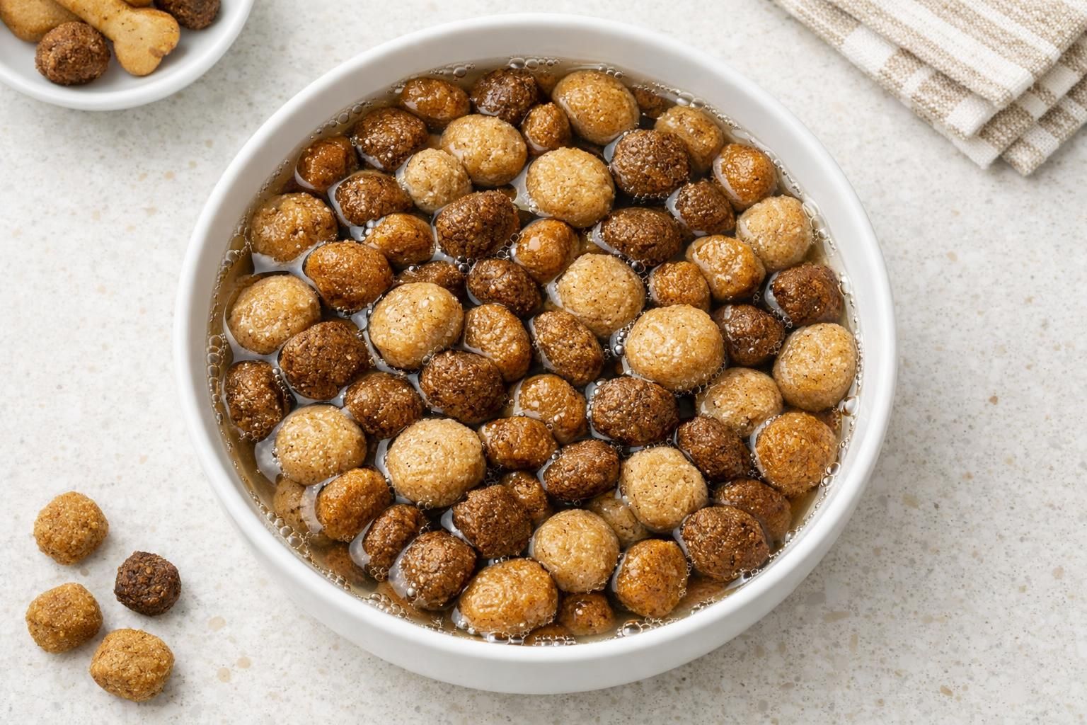 Croquettes en train de tremper dans un peu d'eau tiède pour être ramollies