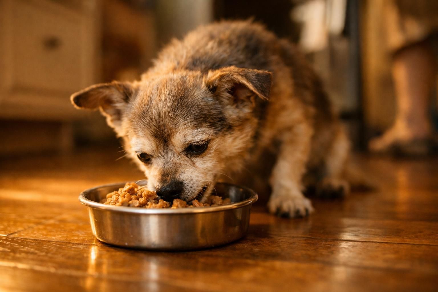 Chien senior mangeant sereinement ses croquettes ramollies