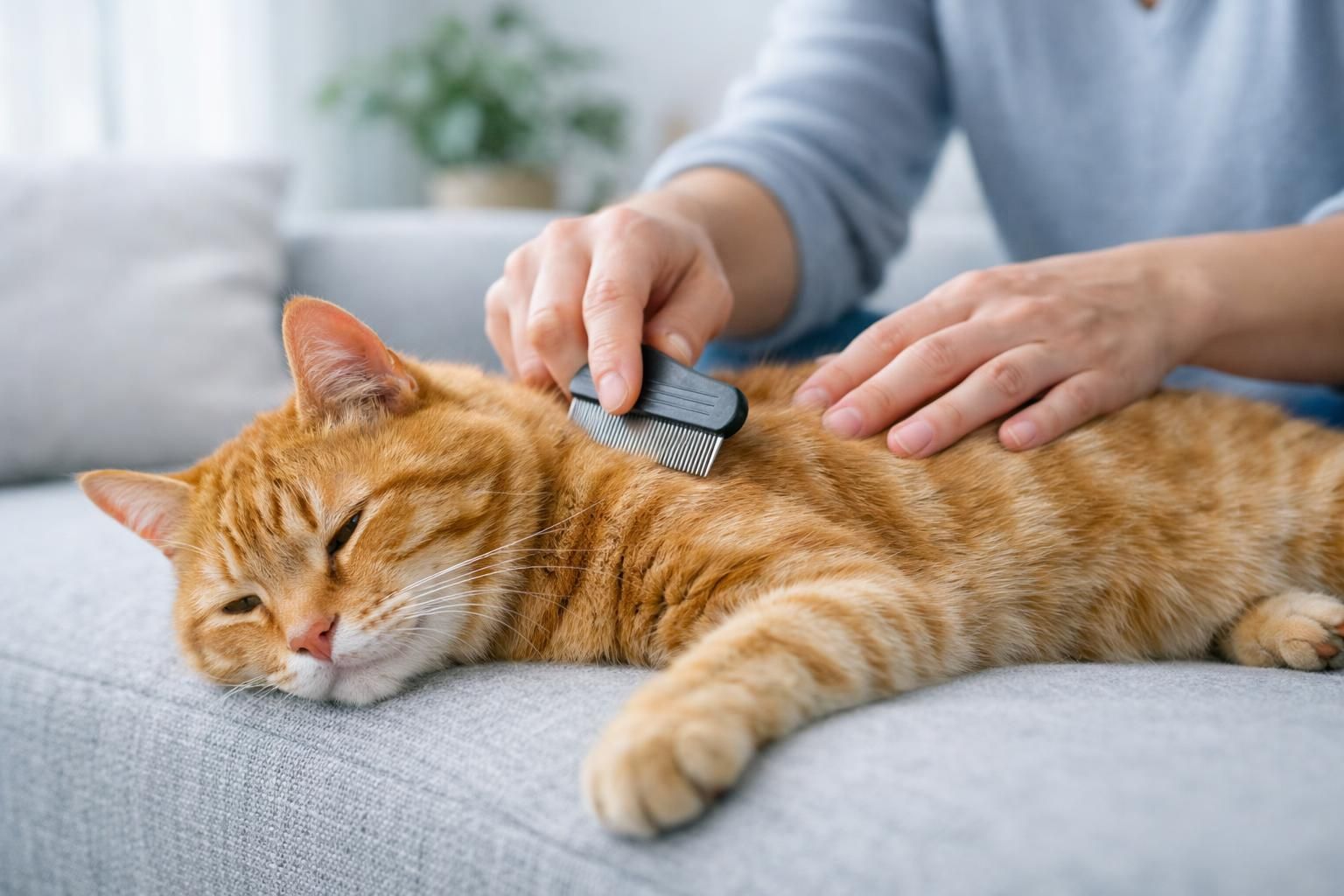 Contrôle du pelage d'un chat roux au peigne fin pour repérer les puces