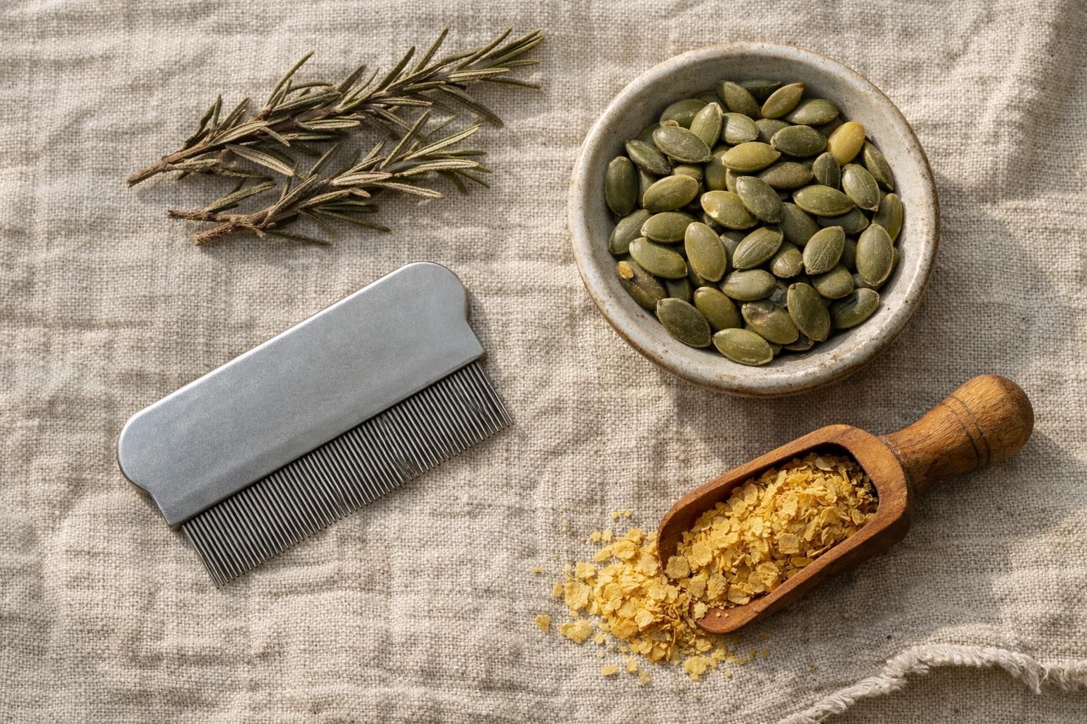 Peigne anti-puces, graines de courge, romarin et levure de bière sur un tissu
