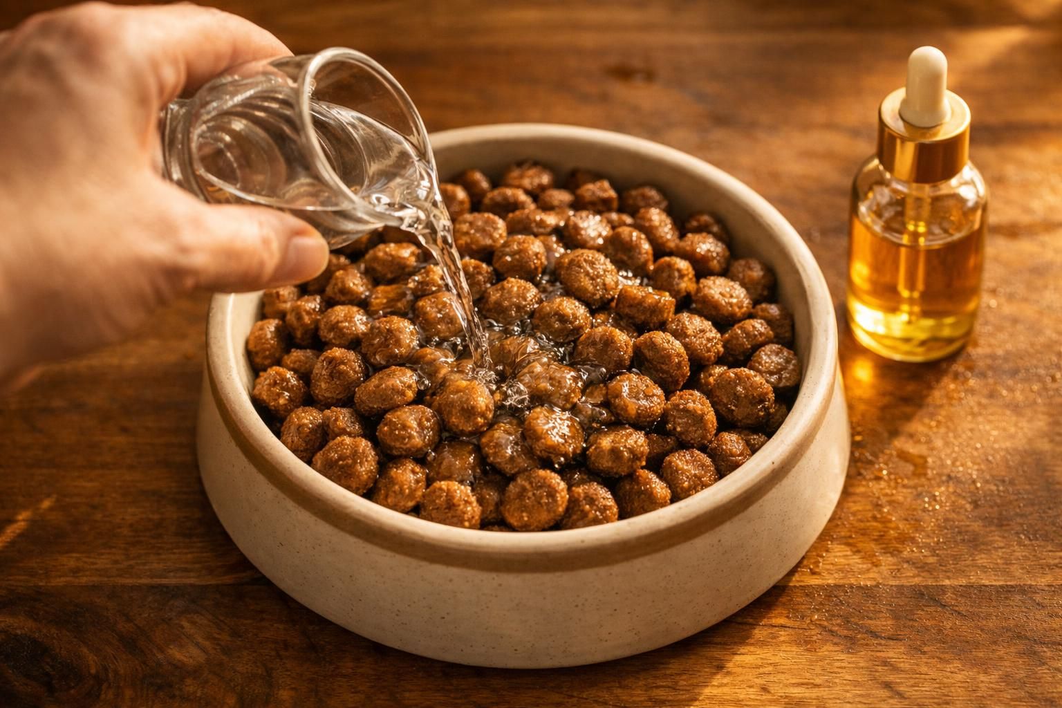 Humidifier les croquettes à l'eau tiède pour redonner l'appétit au chien