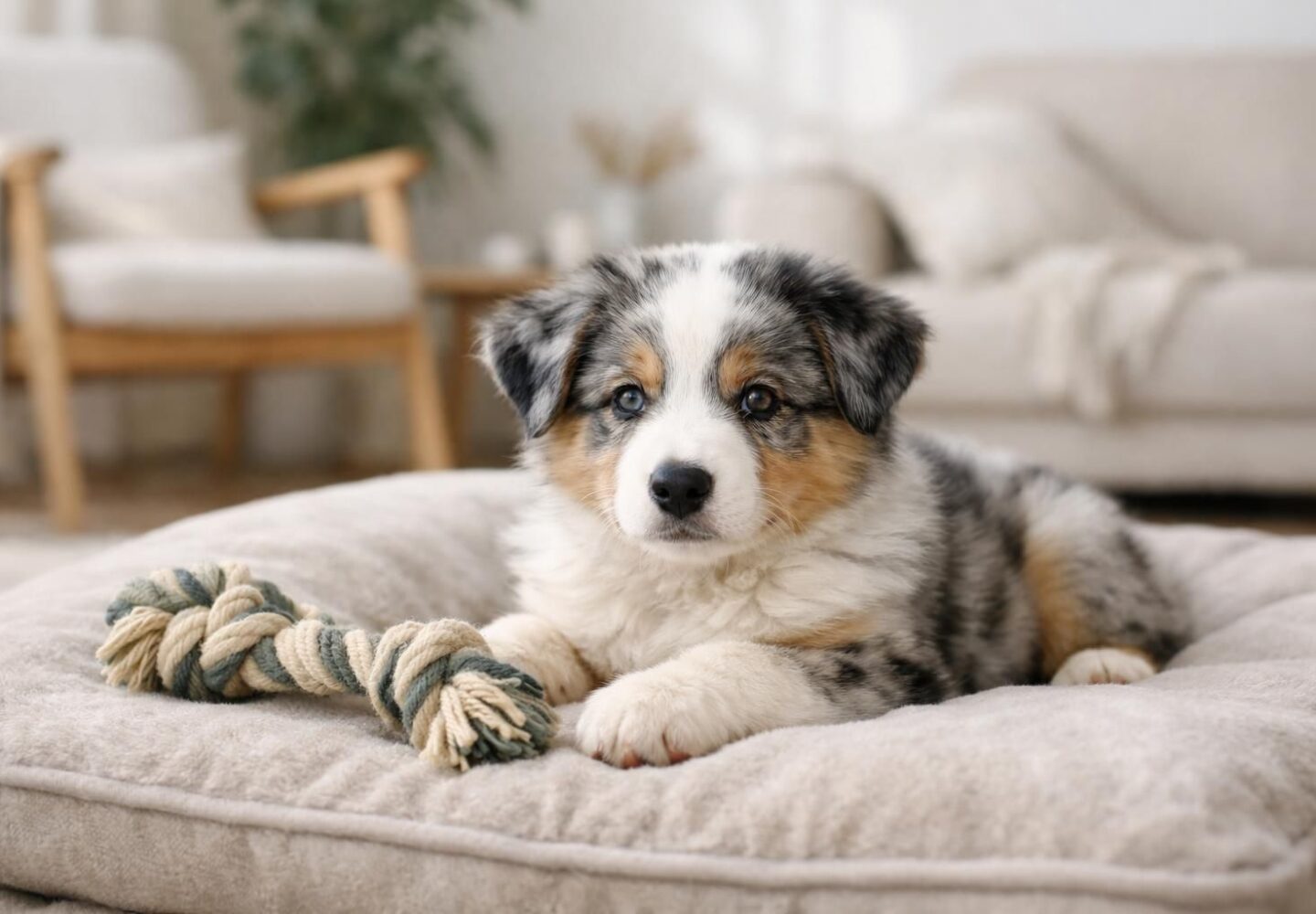 Chiot berger australien qui se repose au calme dans son panier