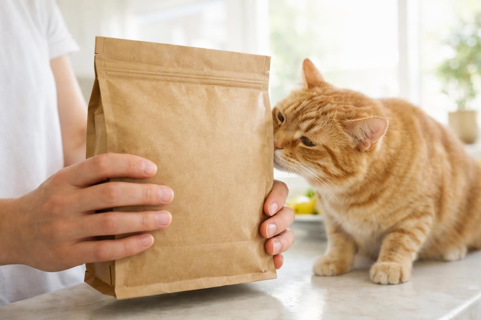 Propriétaire lisant le dos d'un sac de croquettes sous l'œil de son chat
