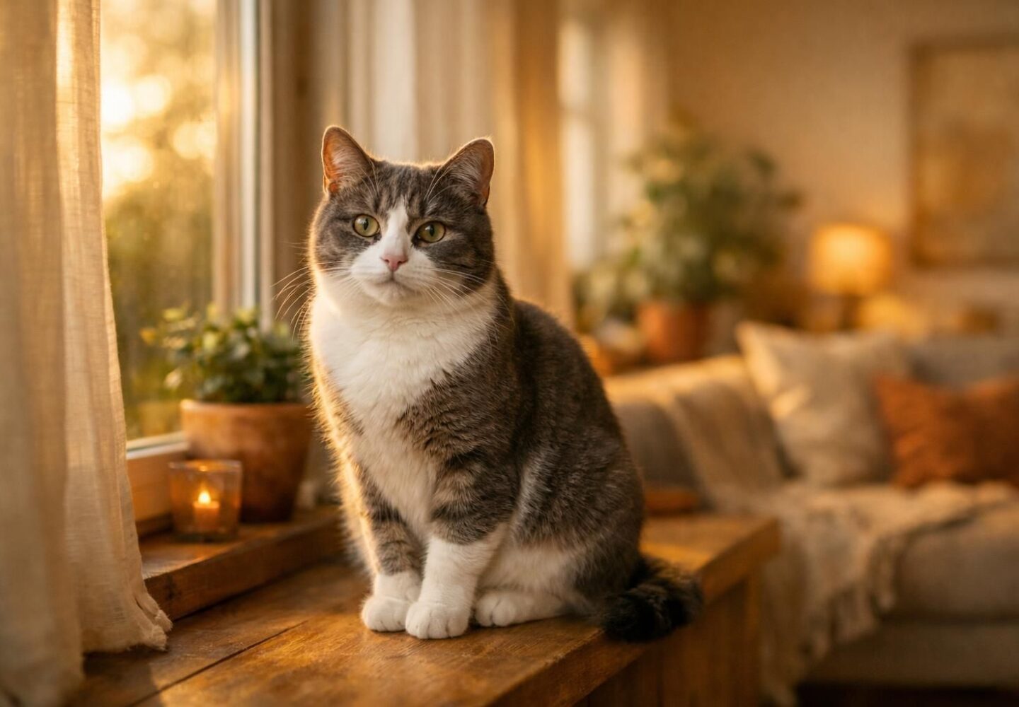 Chat gris et blanc en bonne santé assis sur un rebord de fenêtre