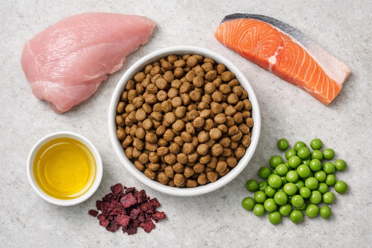 Croquettes pour chat entourées de dinde, saumon, petits pois et huile de poisson
