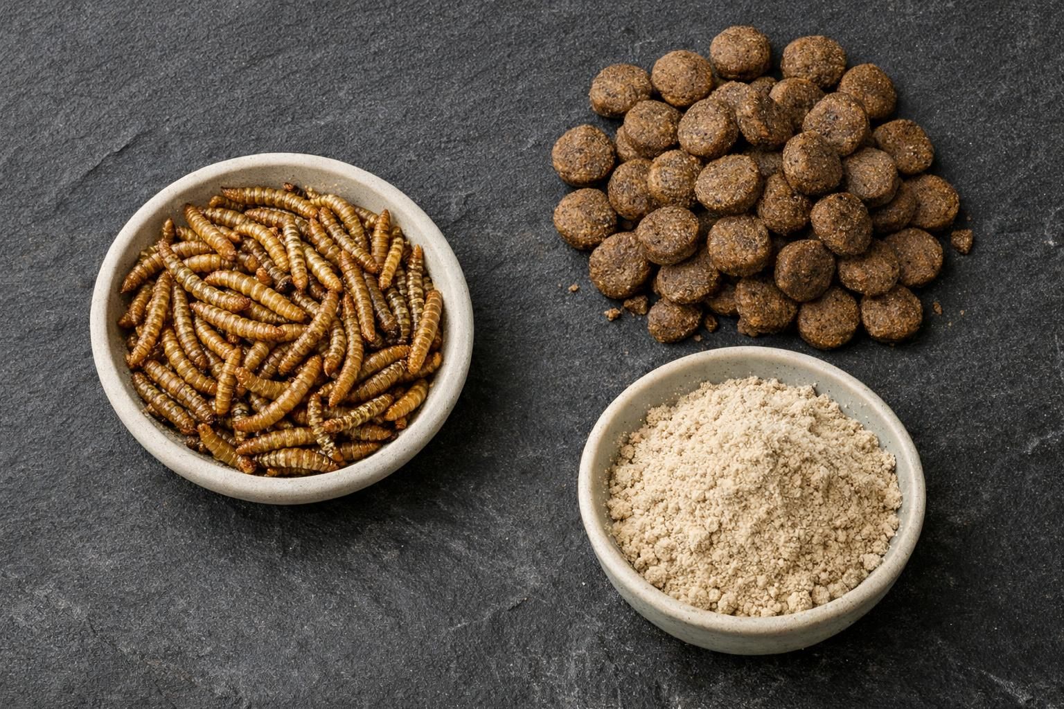 Vers de farine séchés, farine d'insectes et croquettes pour chat