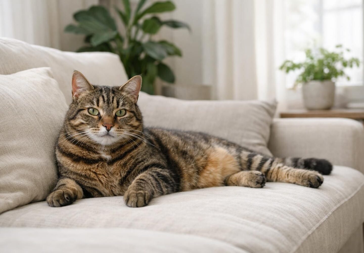 Chat tigré détendu sur un canapé, alimentation et croquettes aux insectes