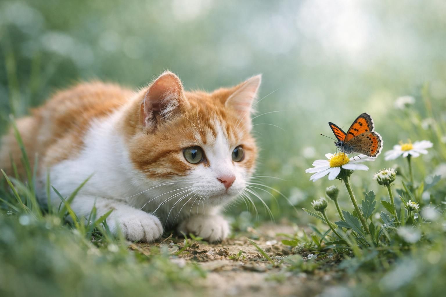 Jeune chat roux observant un papillon dans un jardin le matin