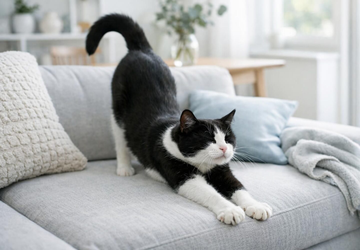 Chat noir et blanc qui s'étire sur un canapé gris clair
