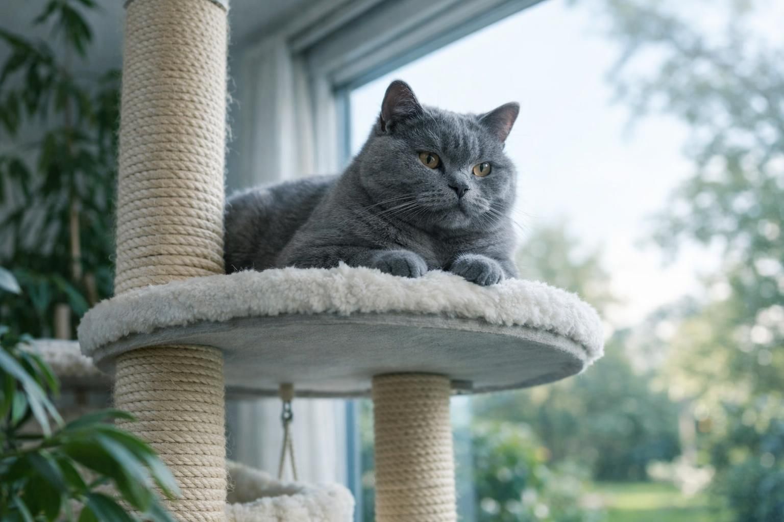 Chat gris serein en hauteur sur son arbre à chat près de la fenêtre