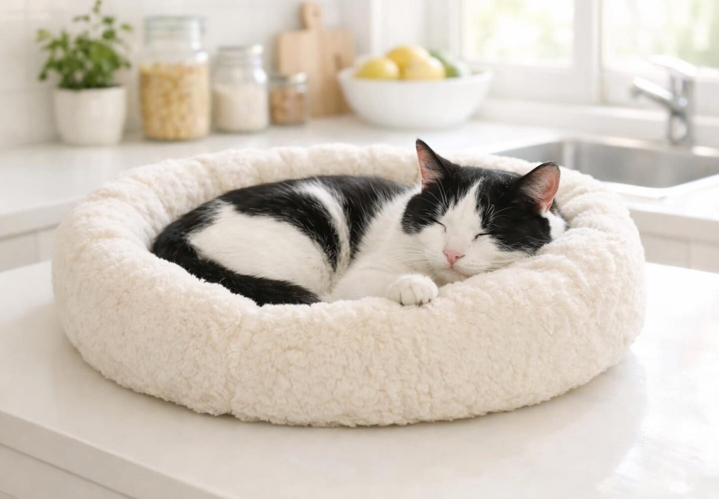 Chat noir et blanc détendu qui somnole dans son panier