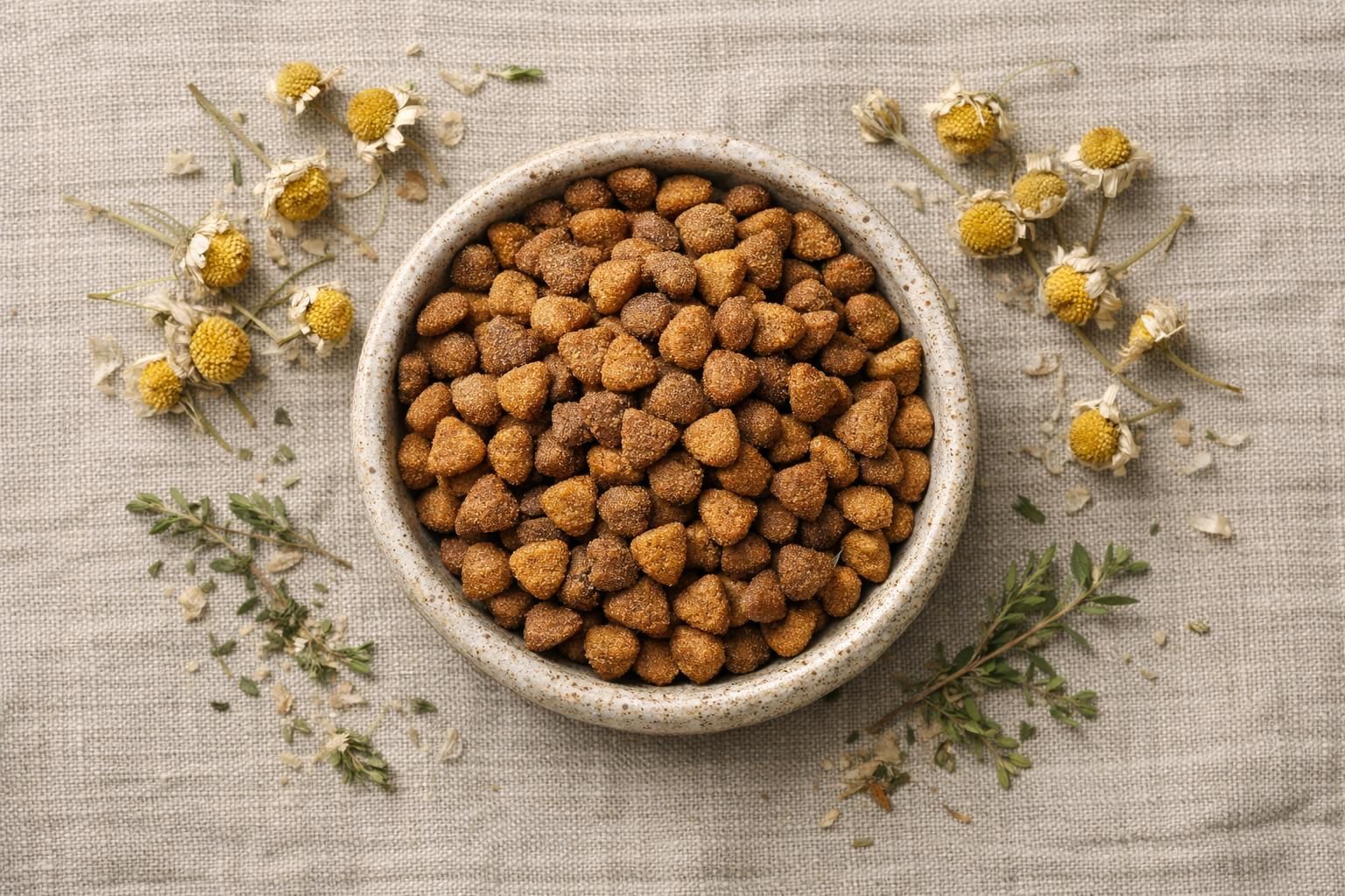 Croquettes pour chat entourées de fleurs de camomille séchées
