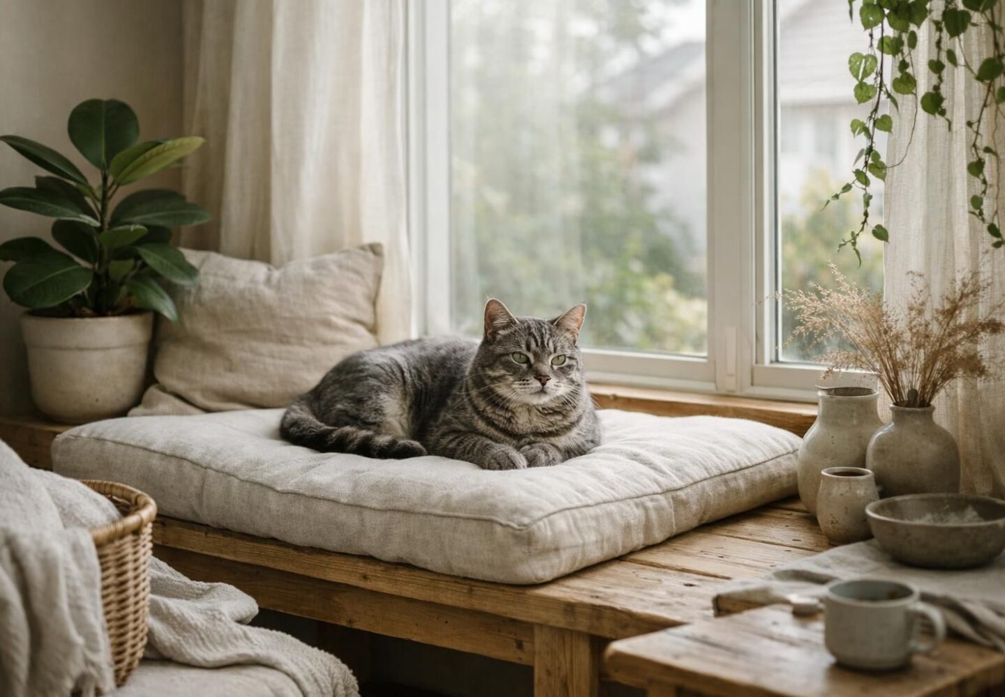 Chat âgé tigré gris au repos sur un coussin près de la fenêtre