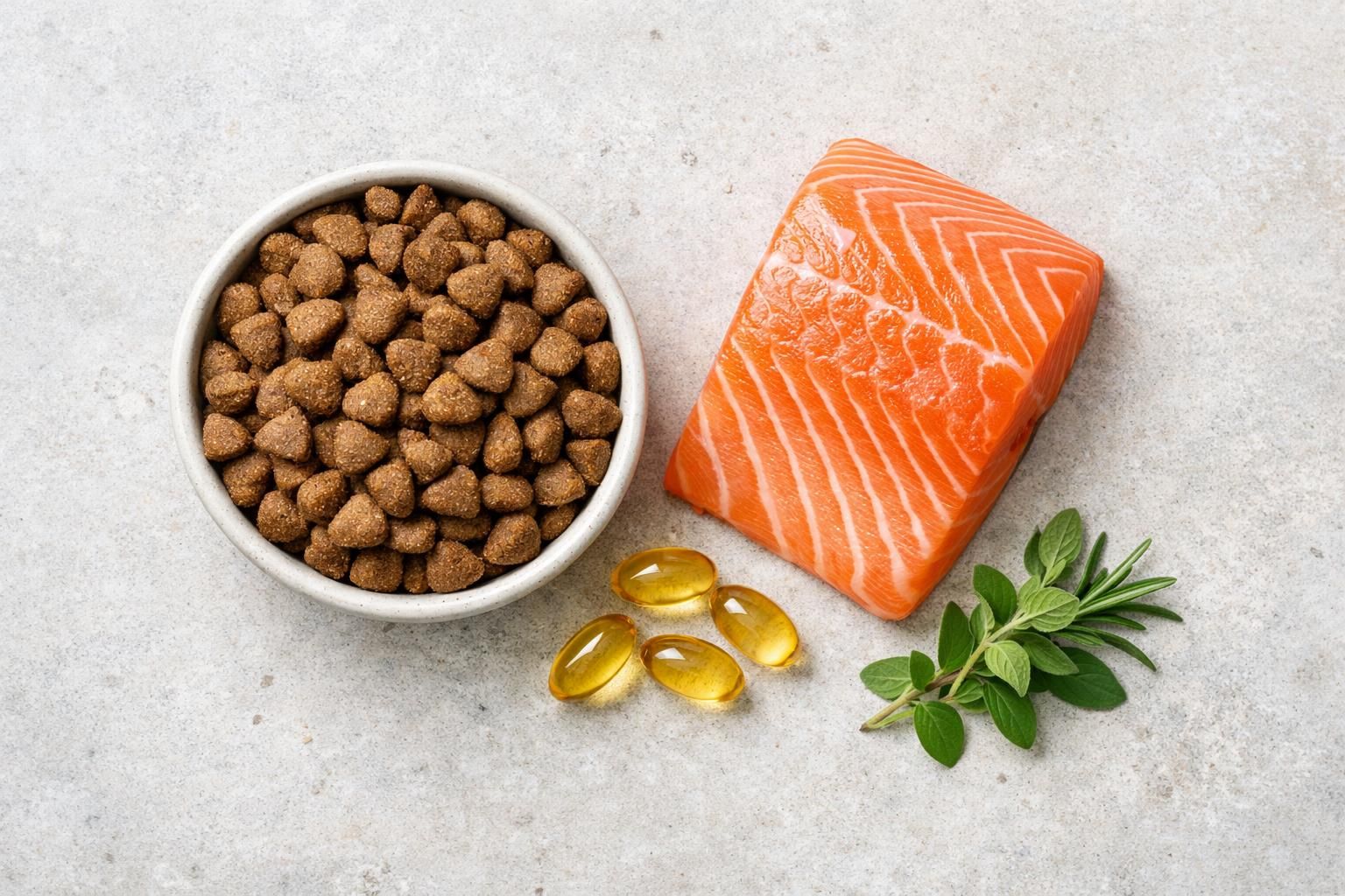 Croquettes pour chat, saumon et capsules d'huile de poisson riches en oméga-3