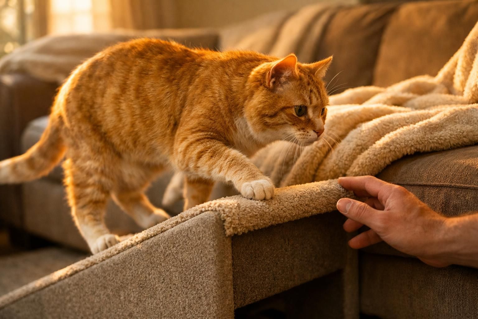 Chat âgé roux montant une petite rampe pour rejoindre le canapé