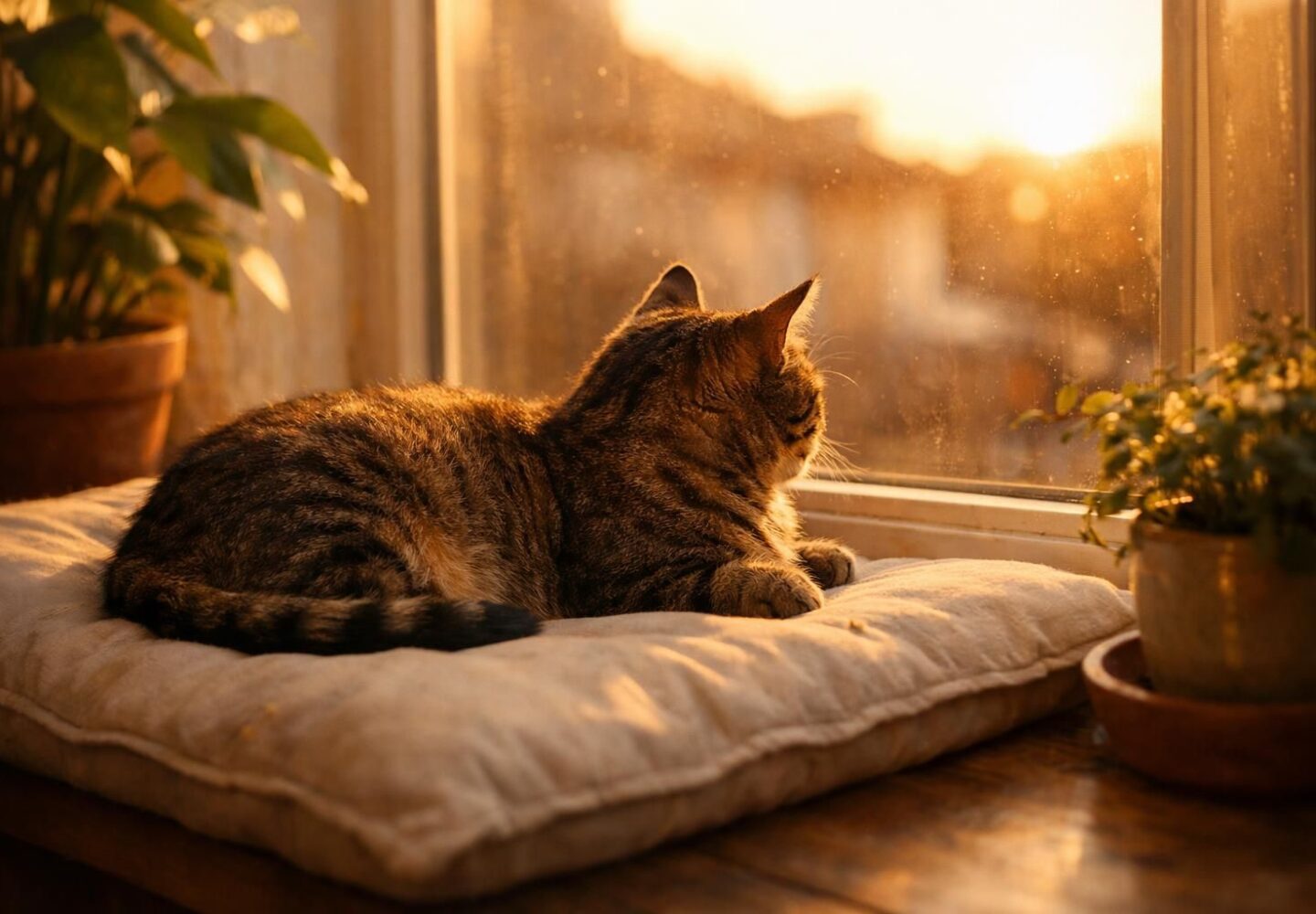 Chat tigré au repos sur un rebord de fenêtre ensoleillé