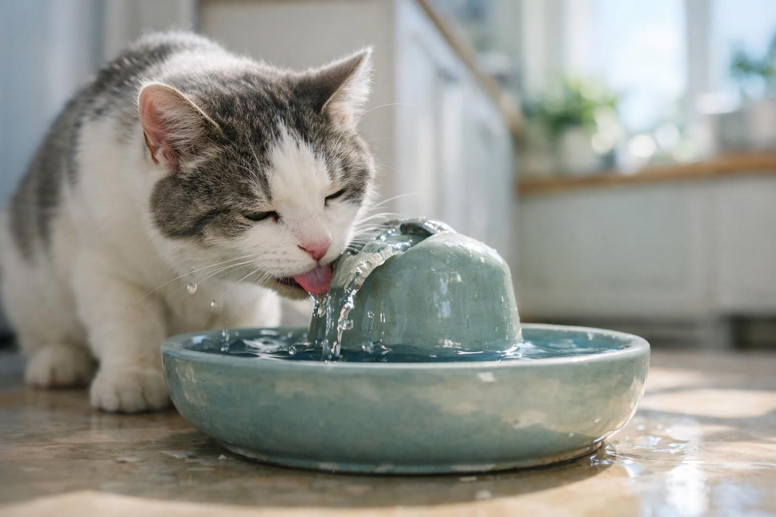 Chat qui boit à une fontaine à eau pour rester bien hydraté