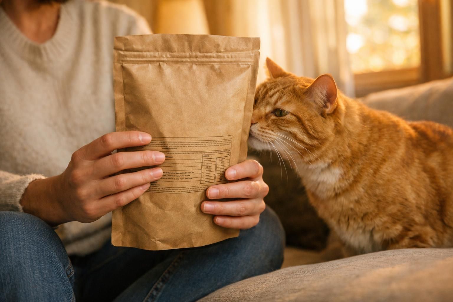 Propriétaire lisant l'étiquette d'un sac de croquettes près de son chat