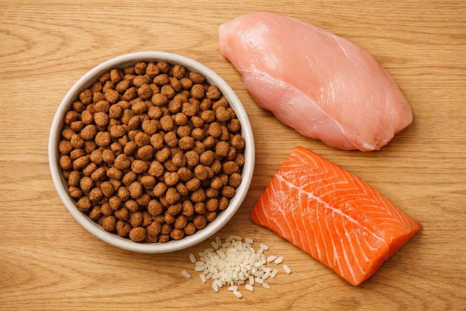 Croquettes chat françaises dans un bol avec poulet, saumon et riz
