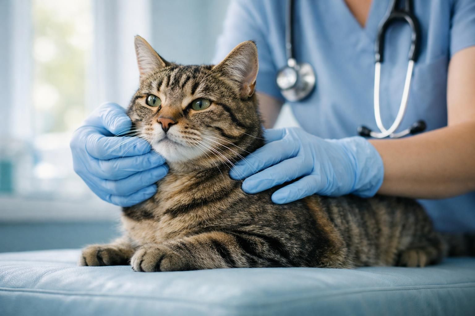 Vétérinaire examinant un chat tigré calme lors d'une consultation