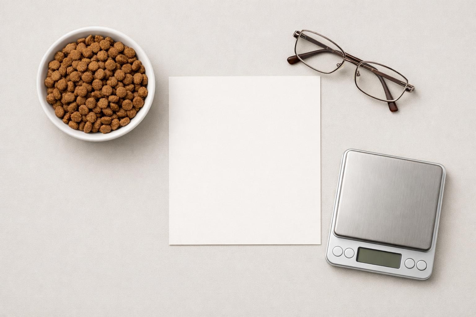 Bol de croquettes pour chat, lunettes et balance pour comparer les recettes