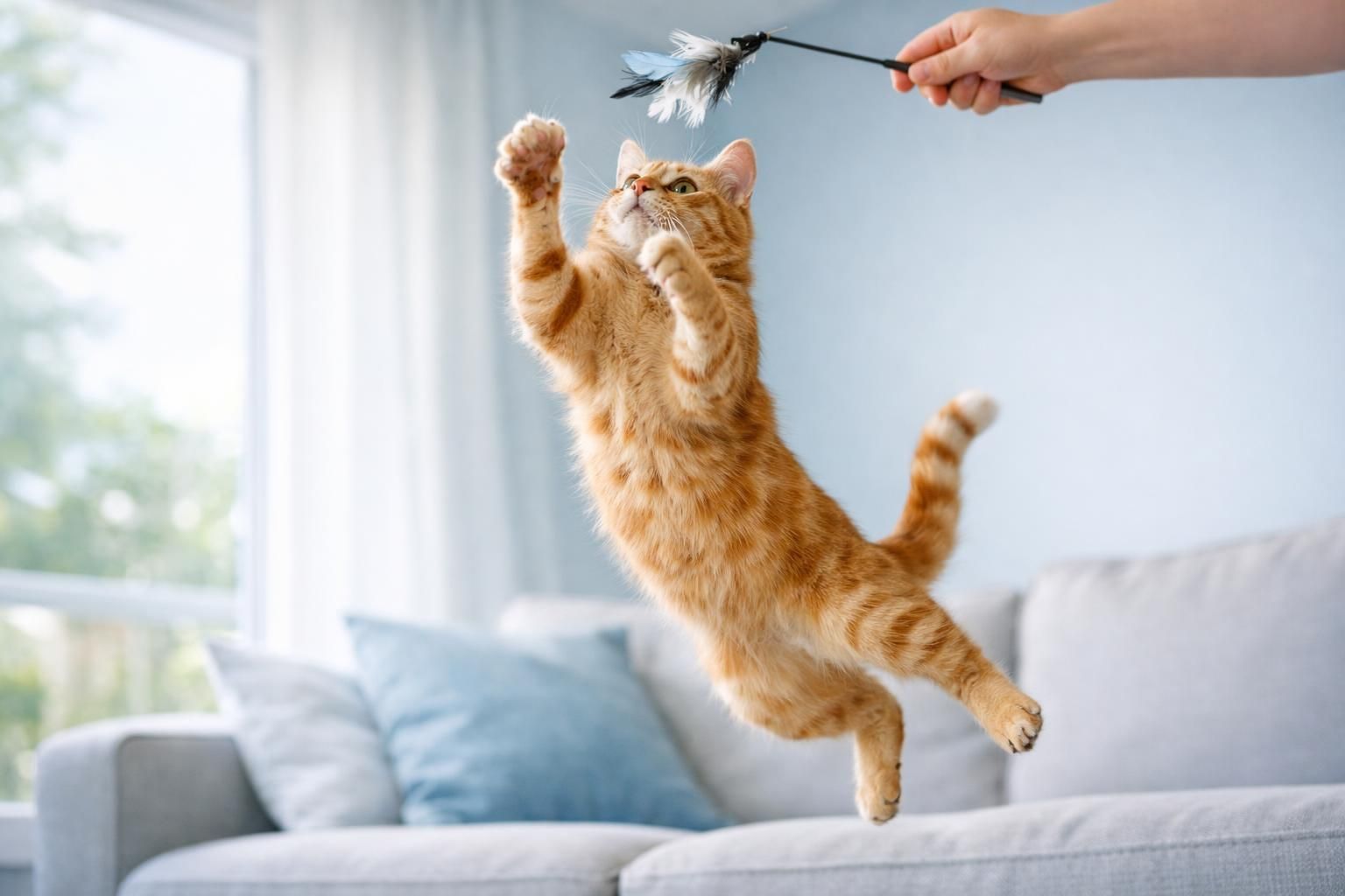 Chat roux mince qui bondit pour attraper un jouet plume au salon
