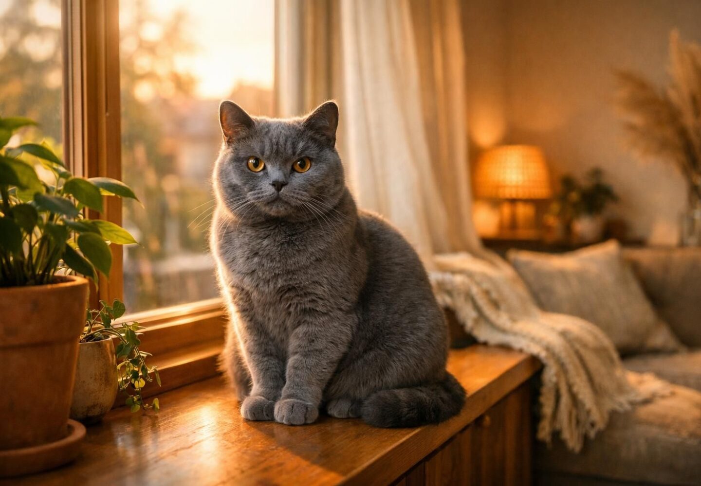 Chat British Shorthair au repos près d'une fenêtre, nourri sans céréales