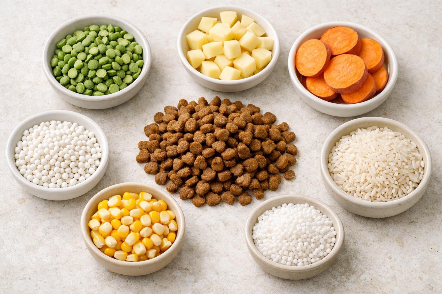 Croquettes pour chat entourées de sources d'amidon : pois, pomme de terre, riz
