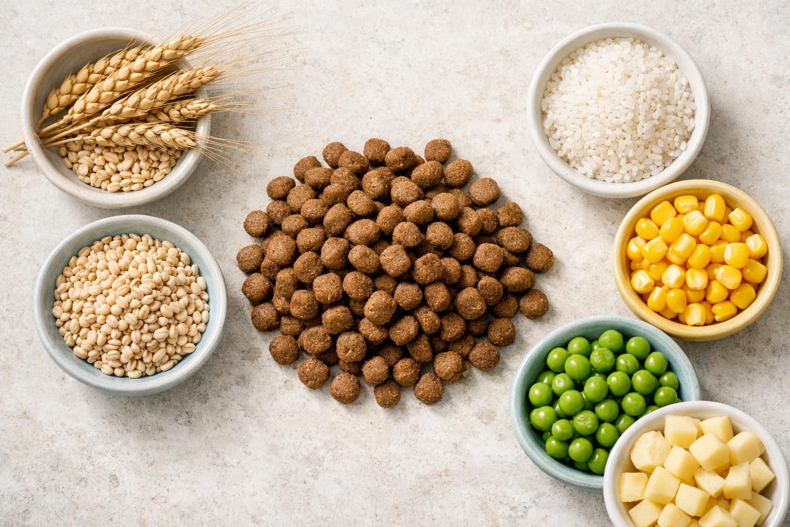 Céréales à gluten, riz, maïs, pois et pomme de terre autour de croquettes