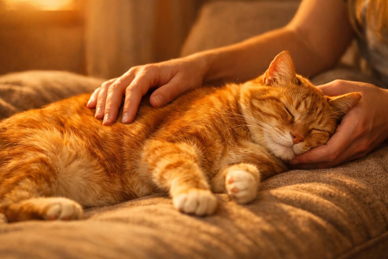 Mains caressant un chat roux détendu au pelage brillant sur un canapé