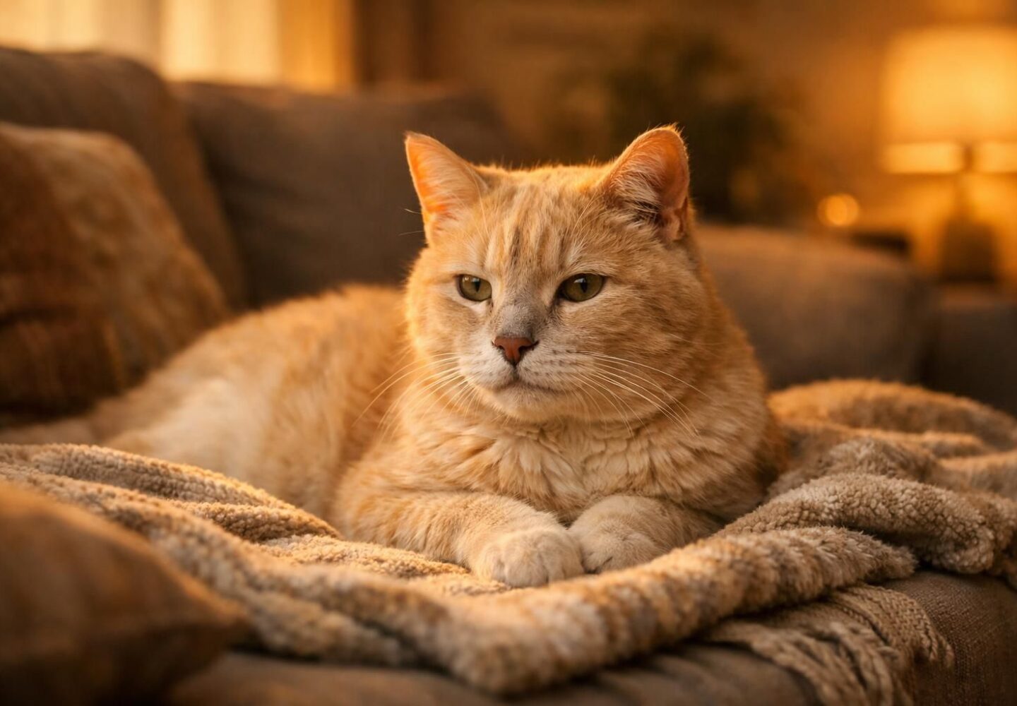 Vieux chat crème au museau grisonnant couché sur une couverture