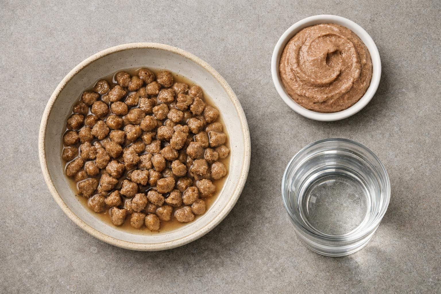 Croquettes ramollies à l'eau tiède à côté d'une mousse pour chat