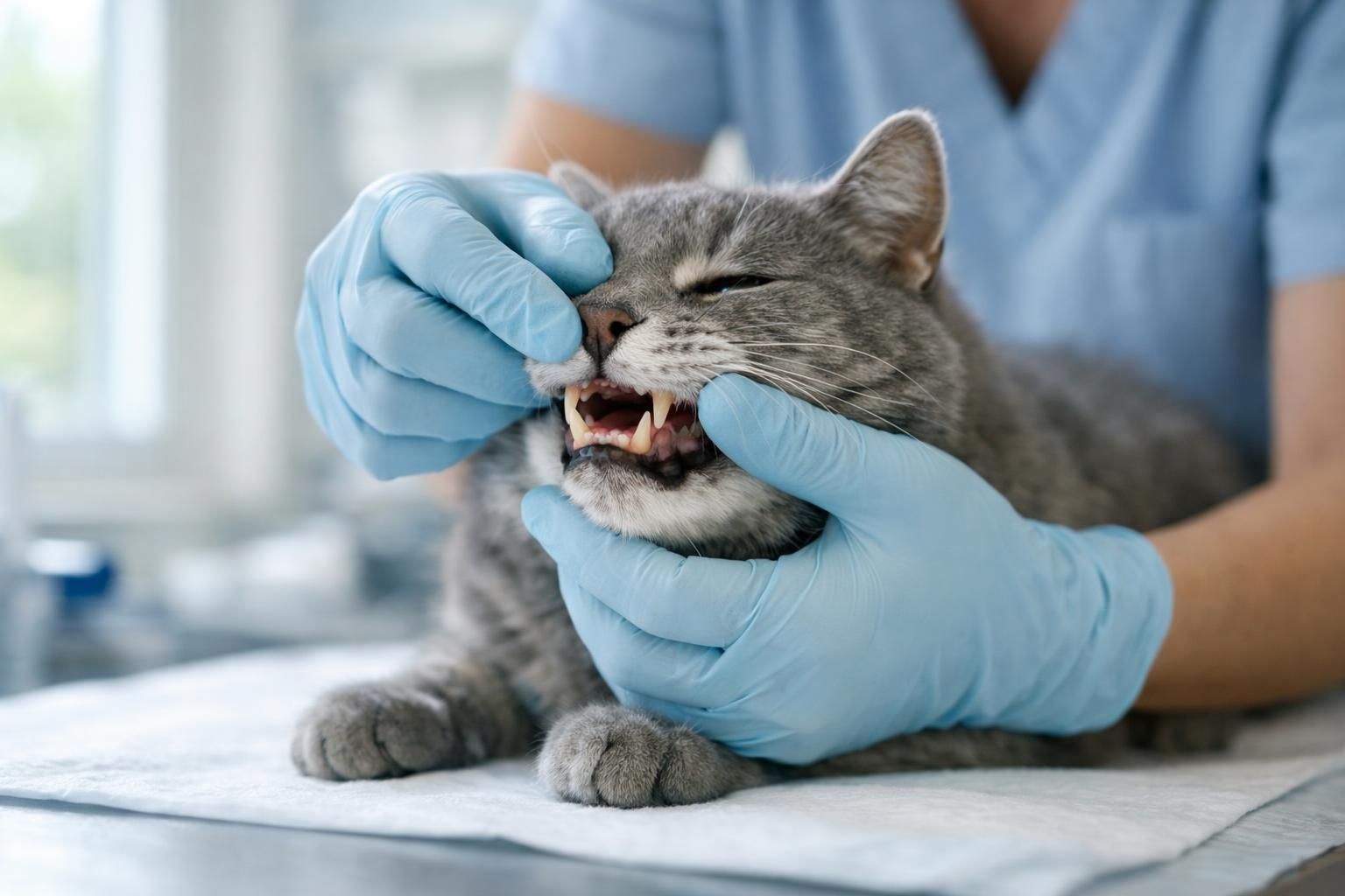 Vétérinaire examinant les gencives d'un chat âgé gris