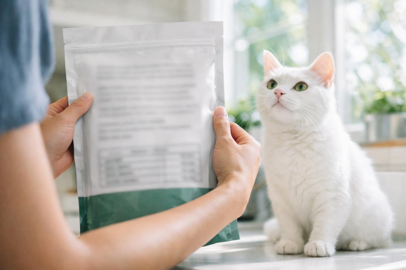 Lecture de l'étiquette d'un sac de croquettes à côté d'un chat blanc