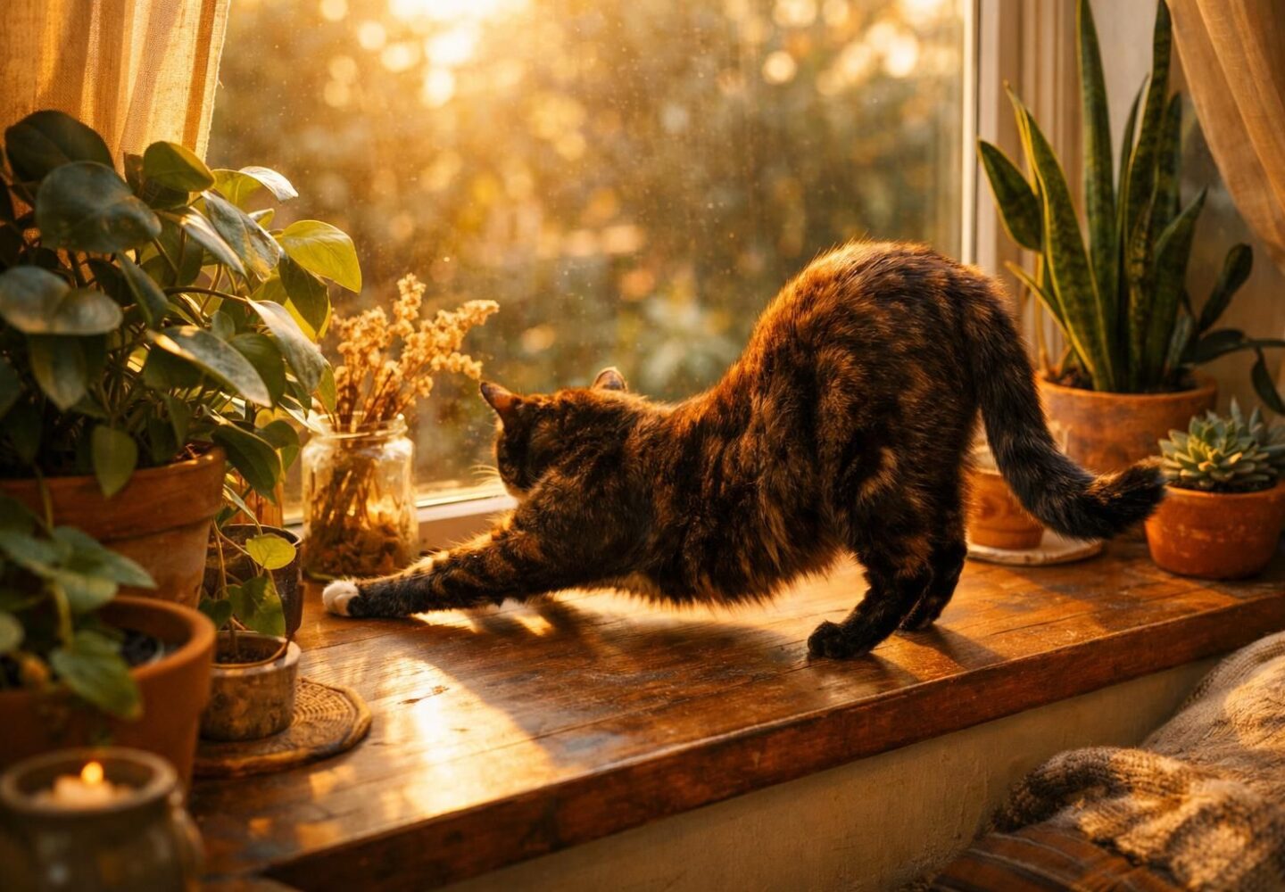 Chat écaille de tortue qui s'étire au soleil près des plantes
