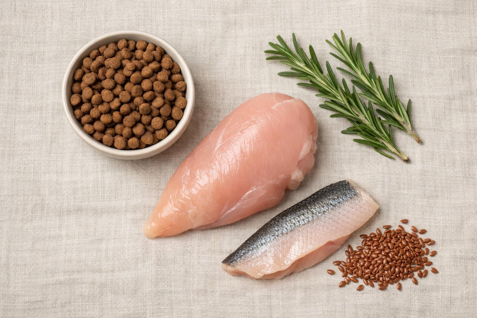 Croquettes pour chat à côté de poulet, poisson, romarin et graines de lin