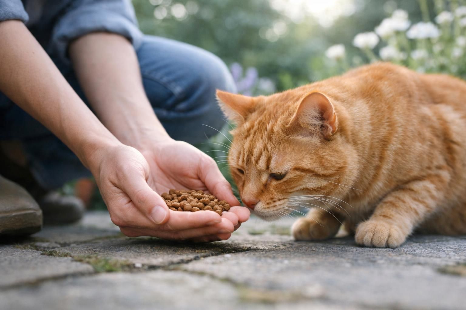 Chat roux qui goûte des croquettes premium tendues dans la main