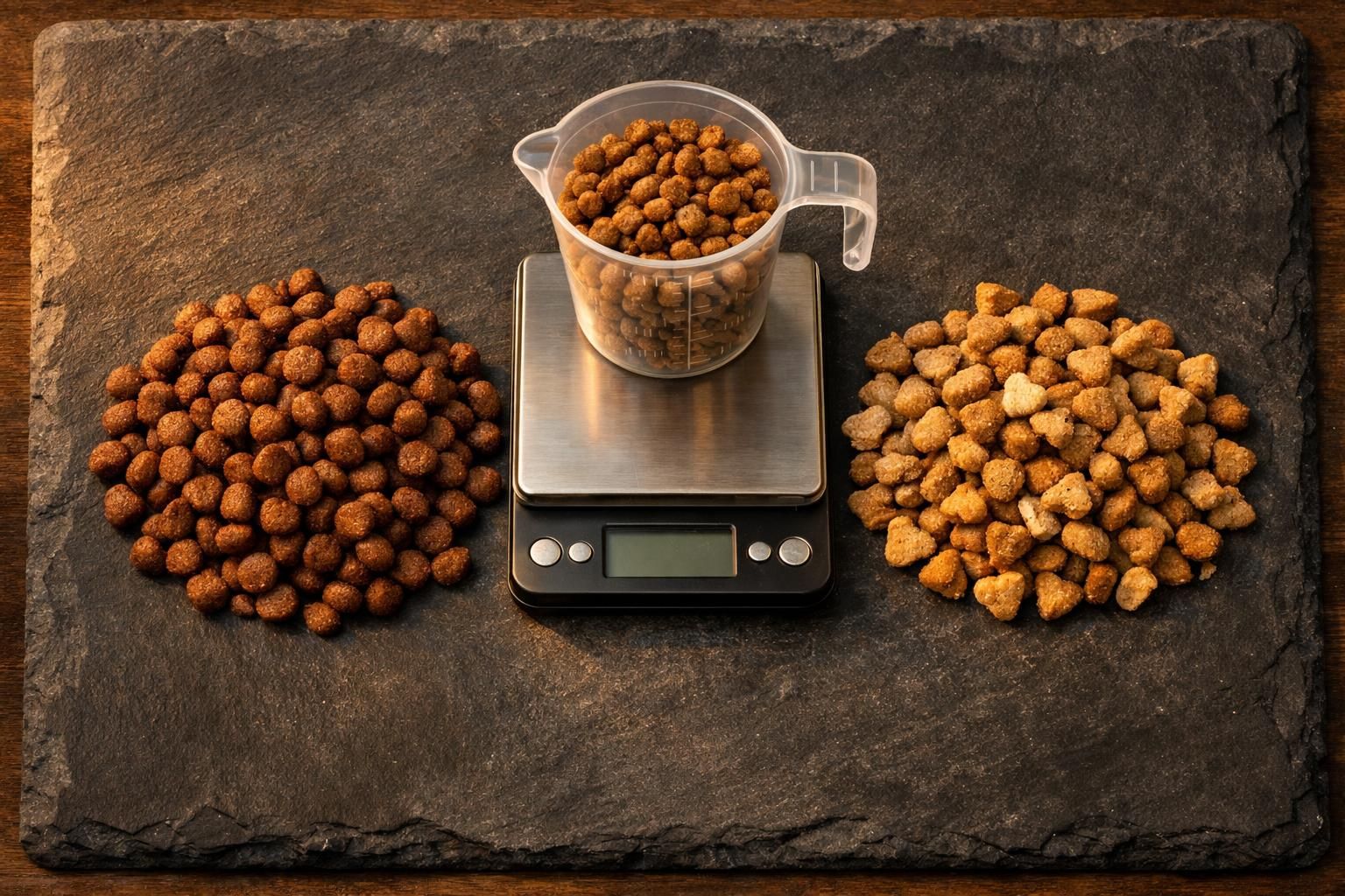 Comparaison de deux croquettes pour chat pesées sur une balance de cuisine